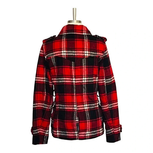 COCOA PLATINUM PLAID JACKET DOUBLE BREAST RED BLACK COAT WOOL‎ LINED SIZE MEDIUM - Picture 9 of 13